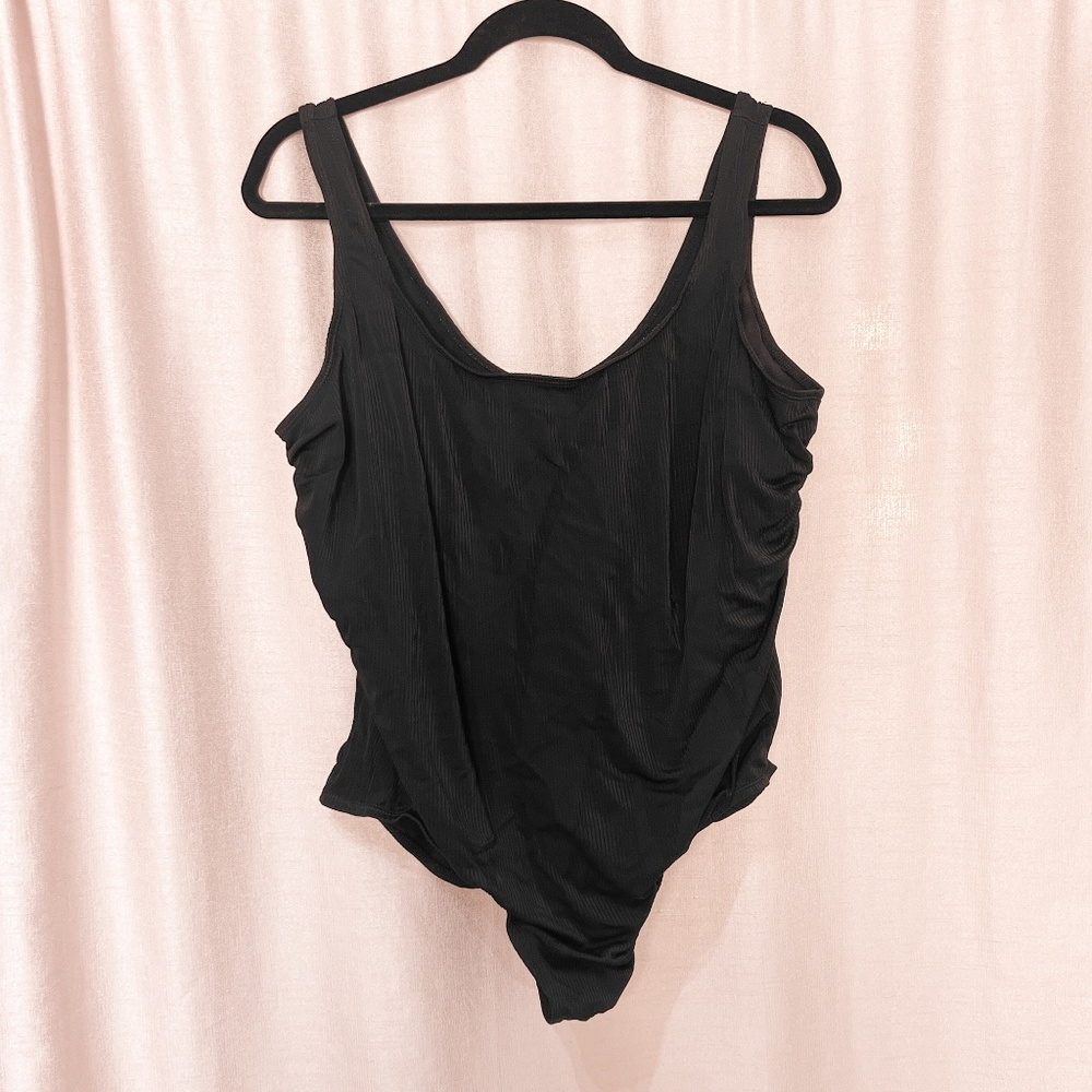 One Piece Black Ribbed Bathing Suit  Light Padding & Elastic Chest Support - 2X